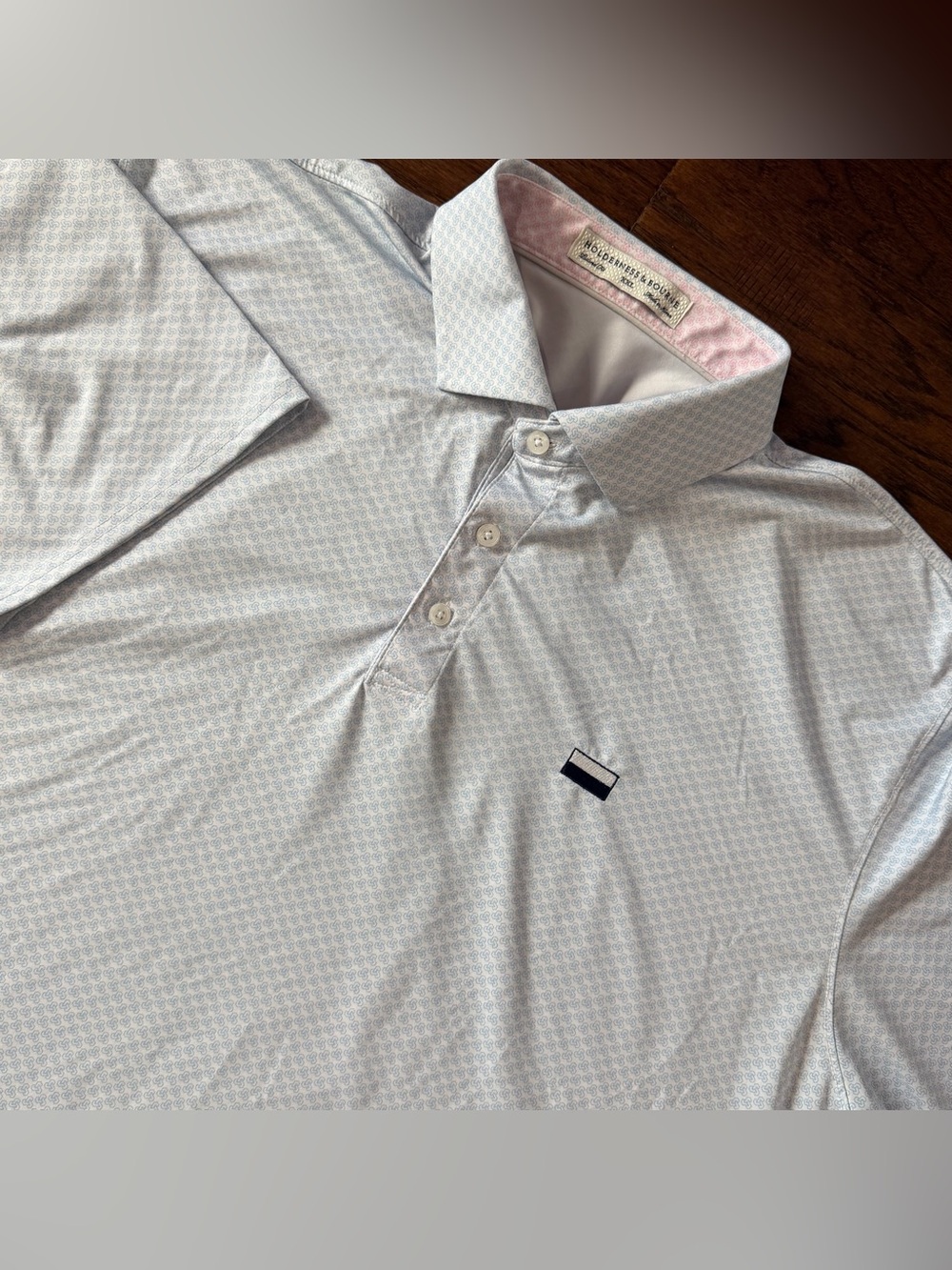 Holderness & Bourne Men Polo Shirt XXL White/Blue AOP Chainlink Performance Logo